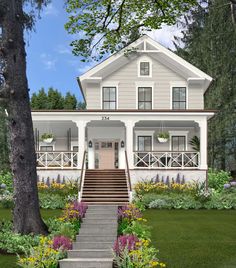 this is an artist's rendering of a house with porches and steps leading up to the front door