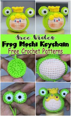 crochet pattern for frog mochi keychain with instructions to make it