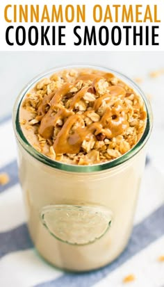 an oatmeal in a glass with caramel drizzle on top