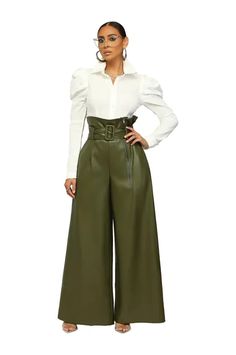 Elevate your street style with our High Waist Faux Leather Wide Leg Pants. Designed for the fashion-forward woman, these pants feature a high waist with an adjustable sash, offering both style and comfort. The zipper side closure ensures a sleek fit, while the wide leg design provides a modern, loose silhouette. Crafted from high-quality faux leather, these pants are perfect for autumn and winter, adding a touch of edgy sophistication to any outfit.Perfect for versatile styling, these PU trouser Faux Leather Wide Leg Pants, Style Wide Leg Pants, Set The Mood, Chic Blouses, Loose Pants, The Mood, High Waisted Pants, Fashion Pants, Leg Pants