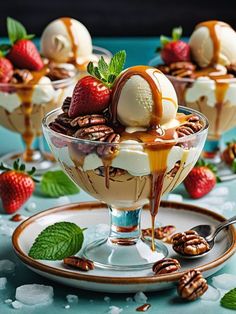 three desserts with ice cream, fruit and nuts