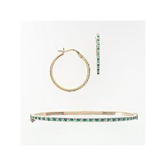 Timeless glamour. Featuring emerald stones and diamond accents, these hoop earrings and bangle bracelet provide delightful sparkle. For instant sophistication, wear these 18k gold-over-sterling silver pieces alone or together. Click on this JEWELRY & WATCHES GUIDE to learn about fit, styles, materials and more! Gold-over-sterling silver construction shines on and on. Details: 2-piece set includes: earrings & bracelet 1-in. earring diameter Pierced Click-it backings 7-in. bracelet length Safety c Emerald Diamond Bracelet Gemstone For Gift, Green Gemstone Bracelets In Cubic Zirconia, Green Cubic Zirconia Bangle, Emerald Gemstone Tennis Bracelet, Gift, Cubic Zirconia Multi-stone Bangle Bracelet, Sterling Jewelry, White Gold Jewelry, Emerald Stone, 925 Silver Jewelry