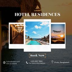 an advertisement for luxury hotel residencess with pictures of hotels and swimming pool at sunset