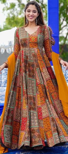 Engagement, Festive, Reception Multicolor color Gown in Rayon fabric with Digital Print work : 1947470 Engagement Gown, Full Gown, Balcony Decor, Rayon Fabric, Balcony, Long Dress, Cotton Fabric, Multi Color, Digital Prints