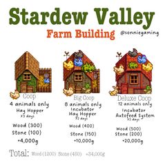 the stardew valley farm building is shown in three different stages, including four animals and