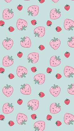 a blue background with pink strawberries on it