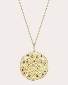 An ode to astrology, this 14-karat rose gold necklace decorates its circular pendant with embossed Capricorn motifs. Round-cut diamond and ruby embellishments create ambient shimmer. From Charms Company's Zodiac Collection. Lobster claw clasp 14k rose gold, ruby and diamond Carat: 0.03 ctw diamond, 0.2 ctw ruby Diamond color: H Diamond clarity: VS2 Diamond cut: round Polish with soft cloth Made in Turkey Measurements Chain length: 21.65in Pendant diameter: 0.98in Indian Pendant, Zodiac Pendant Necklace, Zodiac Collection, Capricorn Zodiac, Vs2 Diamond, Zodiac Pendant, Zodiac Capricorn, Diamond Carat, Ruby Diamond