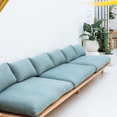 a blue couch sitting on top of a white floor next to a potted plant