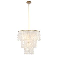 a chandelier with white glass beads hanging from it's brass finish frame