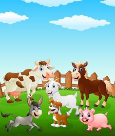 cartoon farm animals playing together in the yard