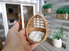 a hand holding a hanging egg chair with pillows in front of some potted plants