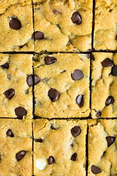 chocolate chip cookie bars cut into squares on top of each other