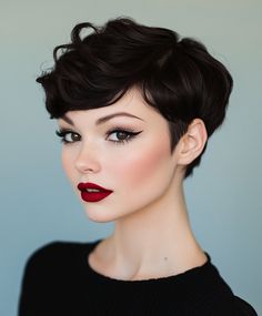 Add volume to your pixie with flipped ends for a fuller, more dramatic look. 1950 Pixie Hair, Old Hollywood Pixie Hair, Pixie Grow Out Style, Chic Pixie Haircut, Voluminous Pixie, Angled Pixie, Bixie Haircut Girl With Bangs, Anne Hathaway Growing Out Pixie, Flipped Ends