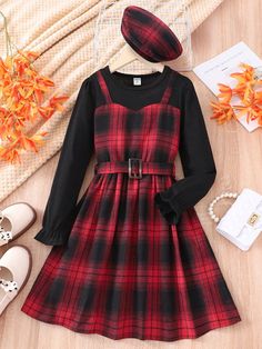 Tween Girl Fall Contrast Plaid Round Neck Long Sleeve Casual Dress Red   Long Sleeve Fabric Geometric,Tartan A Line Non-Stretch  Tween Girls Clothing, size features are:Bust: ,Length: ,Sleeve Length: Slytherin Fashion, Girls Winter Dresses, Shein Kids, Cute Dress Outfits, Hippie Style Clothing, 21st Dresses, Long Sleeve Casual Dress, Easy Trendy Outfits, Flounce Sleeve