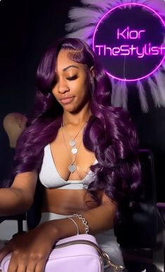 Purple Hair Lace Wig, Hair Colors For Black Women Wigs, Birthday Hairstyles For Black Women Lace Front Wigs Color, Purple Wig Styles, Dark Purple Lace Front Wig, Color Lace Front Wigs Dark Skin, Birthday Hair Colors For Black Women, Colored Wig Ideas Black Women, Hair Color Ideas For Wigs