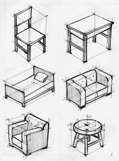 sketches of living room furniture and coffee table in various stages of development, from top to bottom