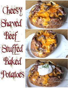 three pictures of baked potatoes with cheese and beef in them on a white platter