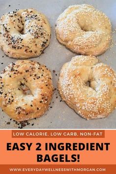 Healthy, easy 2 ingredient bagels! These bagels are lower carb, and higher protein than regular store bought bagels. Each bagel is less than 150 calories yet so fluffy and soft! You can also use the dough to make pizza crust and garlic knots! (Easy bagel recipe, healthy bagel, healthy breakfast, low carb recipe) Healthy Breakfast Low Carb, Easy Bagel Recipe, 2 Ingredient Bagels, Easy Bagel, Bagel Recipe Easy, Menu Sarapan Sehat, Healthy Pizza Recipes