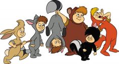 several cartoon characters are dressed in costumes and one is holding an object up to the side