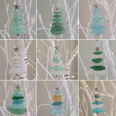 several pictures of different ornaments hanging from a white tree with snowflakes on it