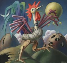 a painting of a chicken holding up some sticks