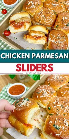 chicken parmesan sliders on a tray with dipping sauces