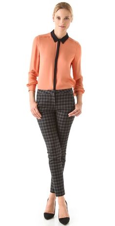 peach and black blouse Employee Clothes, Ice Fashion, Interesting Style, Big Closet, Checkered Pants, Peach Blouse, Corporate Wear, Office Chic