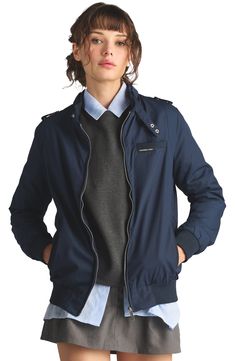 The Women's Classic Iconic Racer Jacket is the ultimate choice for the fashion-forward woman. This sleek and chic jacket boasts a double snap throat latch, shoulder epaulettes, and a front logo pocket that give it a distinctive flair. Also features discreet inside pocket Front Zip closure and two waist pockets Double snap iconic throat latch, signature shoulder epaulettes, and trademark front logo pocket. Imported Polyester/Cotton Perfect for Year-Round Wear. Water Resistance 80's Iconic Jacket Modern Outerwear With Snap Buttons, Shoulder Epaulettes, Chic Jacket, Racer Jacket, Members Only, Nordstrom Store, Anniversary Sale, Inside Pocket, Fashion Forward