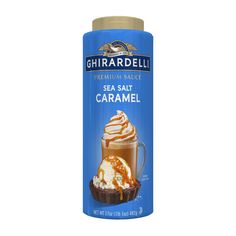 a canister of caramel ice cream on a white background with the words, ghirarddelli sea salt caramel