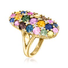 Ross-Simons - 5.75ct t. w. Multicolored Sapphire Ring, .20ct t. w. Diamonds. Size 8. Like colorful confetti from the most elegant soiree, this vibrant gemstone ring will give you a reason to celebrate! 5.75 ct. t. w. multicolored sapphires put on a show alongside .20 ct. t. w. round brilliant-cut diamonds in polished 14kt yellow gold. 1" wide. Diamond and multicolored sapphire ring. Elegant Multicolor Brilliant Cut Gemstones, Formal Multicolor Diamond Gemstones, Multicolor Brilliant Cut Sapphire Ring For Formal Occasions, Luxury Multicolor Sapphire Ring For Formal Occasions, Multicolor Elegant Diamond Ring For Formal Occasions, Elegant Multicolor Diamond Ring For Formal Occasions, Formal Multicolor Brilliant Cut Rings, Elegant Multicolor Rings, Luxury Multicolor Diamond Ring For Anniversary