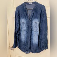 Nwot Denim Style Blouse/ Button Up Top From Zenana. Women’s Plus Size 2x. Sleeves Can Be Worn Down Or Buttoned. Fade On Front Of Shirt Is Intentional. Slightly Wrinkled From Being In Storage. 100% Lyocell, Hand Wash, Hang Dry. Bin 4, Cross Posted Denim Fashion, Button Up, Blue Denim, Blue And White, Plus Size, Womens Tops, Blue, Women Shopping, Color