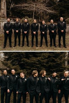 a group of men standing next to each other in front of trees and one man wearing a tuxedo