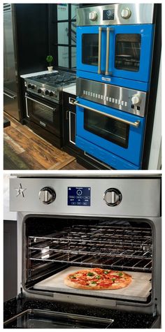 two different views of an oven and stove with pizza baking in the bottom right side