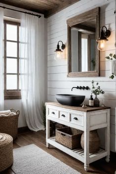 a bathroom with white walls and wood floors