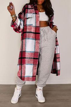 Straight Clothes, Plaid Cardigan, Turndown Collar, Long Sleeve Plaid, Collar Top, Casual Black, Plaid Jacket, Blazer Fashion, Streetwear Women