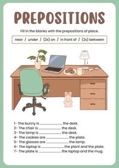 a worksheet for prepositions with an image of a desk