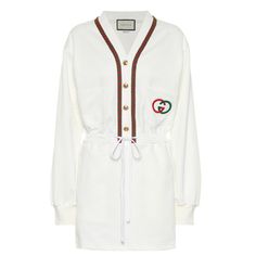 Semi-Fitted Construction And Falls Mid Thigh. It Features Red And Green Striped Embroidered Trim, Gold-Tone, Emblem Stamped Top Buttons, A Breast Pocket With Interlocking Gg Logo, A Drawstring Waist Tie, And Elastic Cuffs White Technical Jersey Dress Gold-Tone Hardware 55% Polyester, 45% Cotton 98% Cotton, 2% Elastane Trim Long Sleeve Jersey Dress Falls Mid Thigh Striped Trim Interlocking Gg Logo Button Up Top Drawstring Waist Tie Elastic Cuffs 1 Breast Pocket Size M, L Product # 595829 Italy Gucci Dresses, Long Sleeve Jersey Dress, Duchess Satin, Embroidered Trim, Gg Logo, Logo A, Long Sleeve Jersey, Turtle Neck Dress, White Mini Dress