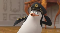 a cartoon penguin dressed as a captain in a room with chairs and tables, wearing sunglasses and a hat