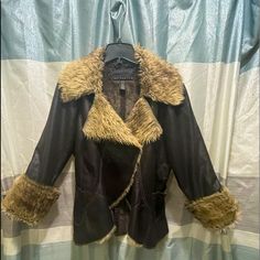 Bomber Style Jacket New Never Worn Very Soft. Faux Fur Around Collar And Wrists. Size L Trendy Brown Outerwear With Faux Fur Lining, Trendy Brown Outerwear With Faux Fur Trim, Casual Brown Outerwear With Faux Fur Trim, Brown Leather Jacket With Faux Fur Trim For Winter, Jacket Fur Collar, Fitted Brown Leather Jacket With Faux Fur Trim, Brown Leather Jacket With Faux Fur Trim, Leather Jacket Fur Collar, Brown Vintage Fur Coat With Faux Fur Trim