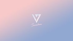 the letter v is written in white on a pastel blue and light pink background