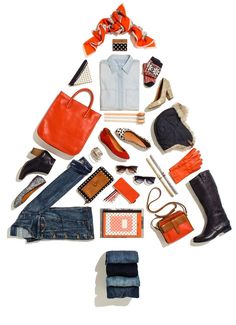 a christmas tree made out of clothes and accessories on white background with text that reads, what's in the bag?