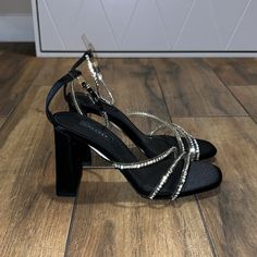 Dressy Strappy Heels Brand New Never Worn Black Heels With Rhinestones, Silver Block Heel Formal Shoes, Silver Ankle Strap Heels For Evening, Silver Heels For Dinner, Chic Silver Heels For Dinner, Silver Block Heel Heels For Gala, Silver Block Heel Shoes For Gala, Black Dress Silver Shoes, Black Formal Heels