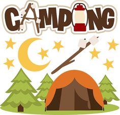 camping with tent and campfire in the woods, stars and moon on white background