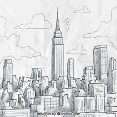 a drawing of the empire state building in new york city, with clouds above it