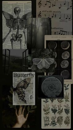 a collage of images with butterflies, moths and music notes on them in black and white