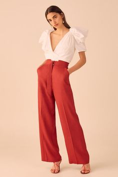 SERIES 0219 | C/MEO COLLECTIVE | C/MEO COLLECTIVE Red And White Outfit, Puffy Sleeves Blouse, Trouser Outfit, Feminine Details, Finders Keepers, White Outfit, Colour Board, Working Woman, Bottom Clothes