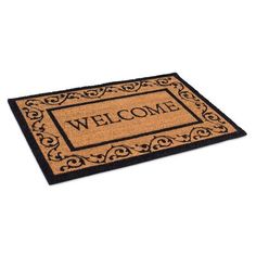 a welcome mat with an ornate border and the words welcome on it in black lettering