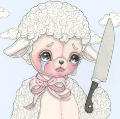 a drawing of a sheep with a knife in it's mouth and wearing a pink bow