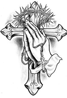 a cross with a hand holding a rosary and a crown of jesus's hands