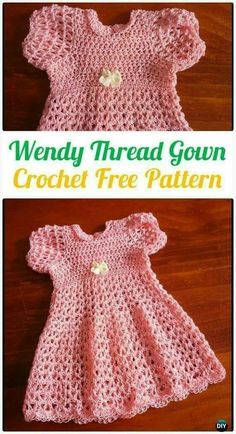 a crocheted baby dress with the words wendy threadd gown crochet free pattern